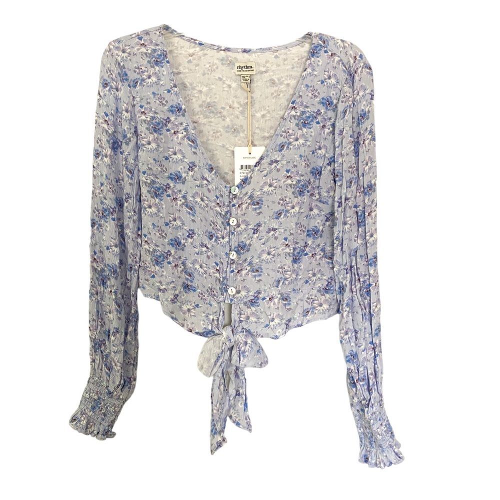 Rhythm Blue Floral Button Tie Front Long Sleeve Blouse Shirt Size Small
